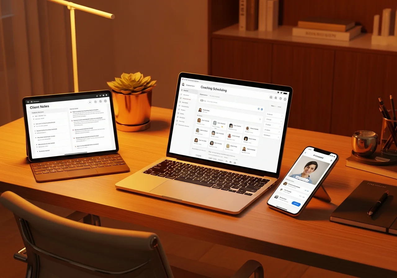 Life coach using AI tools on a laptop during session preparation