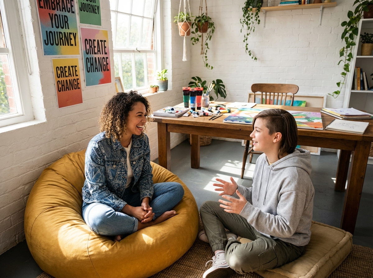 Youth coach working with a teenager in a creative space